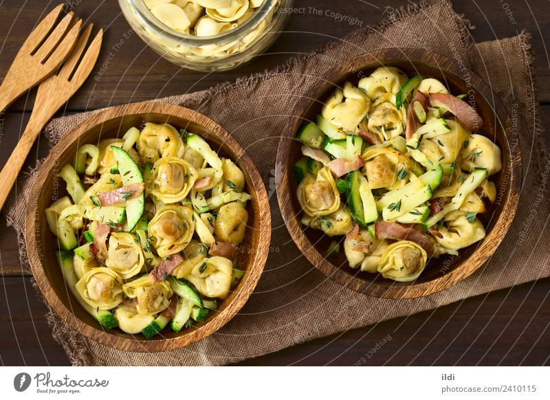 Baked Tortellini with Zucchini and Bacon Vegetable Dough Baked goods Fresh food pasta tortelloni stuffed courgette thyme Meal Dish Italian Mediterranean Salad