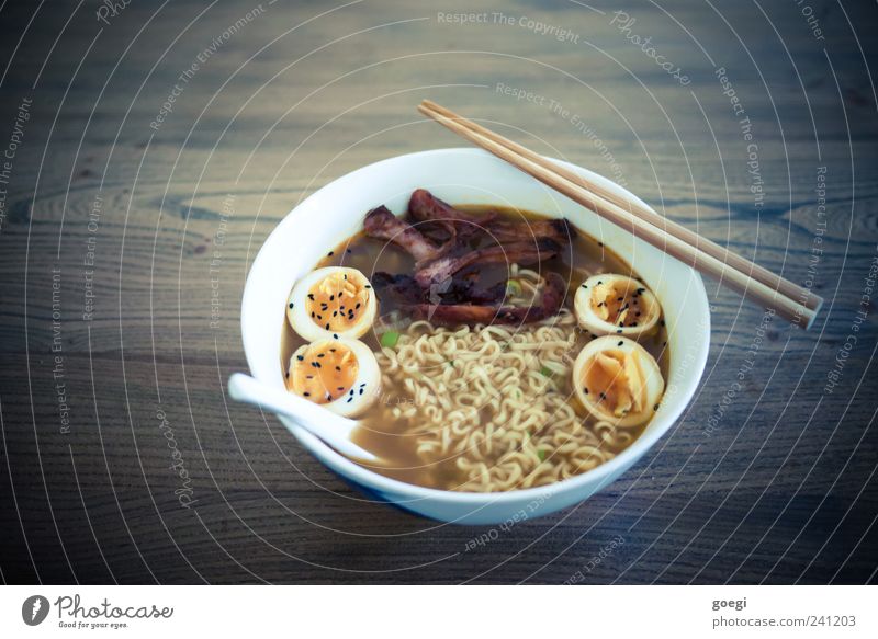 ramen Food Meat Soup Stew Noodles Egg Noodle soup Nutrition Lunch Dinner Fast food Asian Food Bowl Spoon Chopstick Wood Hot Delicious Wooden table Colour photo