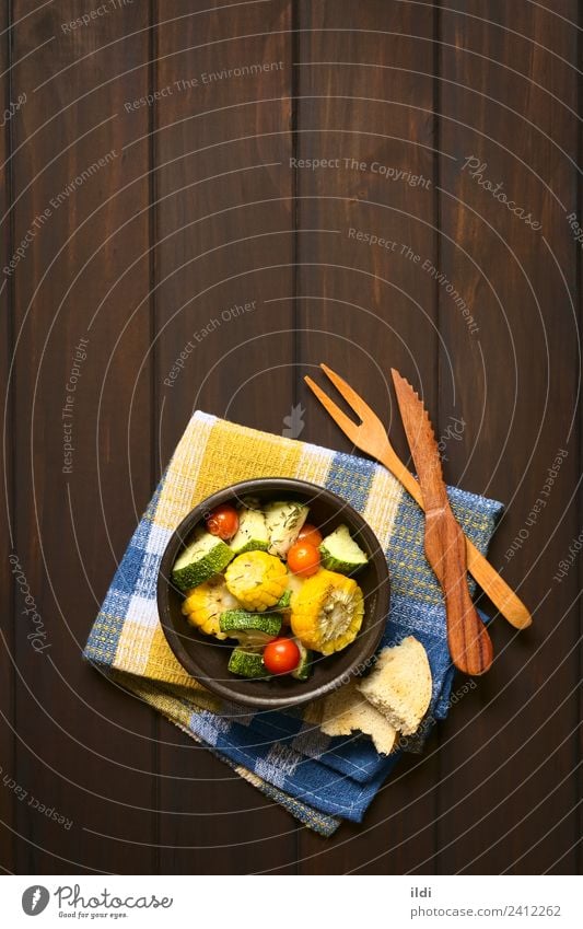 Baked Vegetables Vegetarian diet Fresh Healthy food Snack Meal Dish corn Zucchini courgette Tomato thyme Side piece Slice Rustic toasted overhead copy space