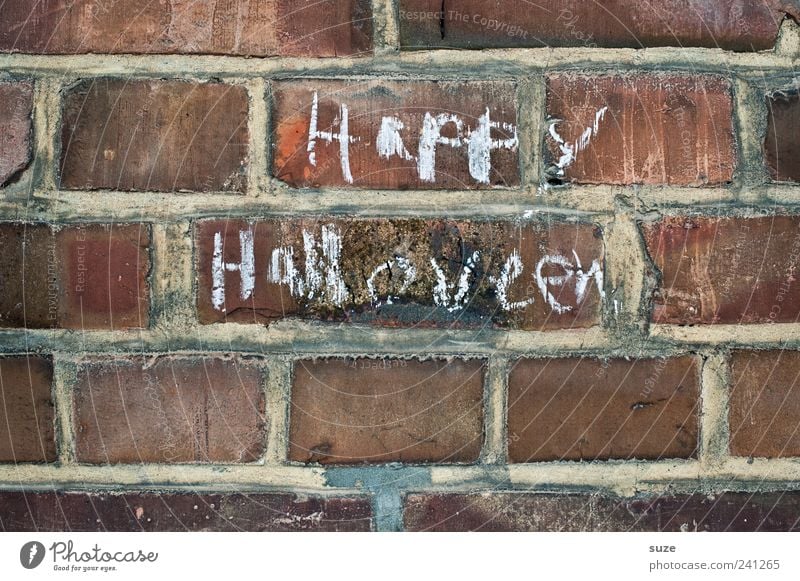 booo Hallowe'en Wall (barrier) Wall (building) Brick Characters Happiness Chalk Brick wall Typography Handwriting Daub Colour photo Subdued colour Exterior shot