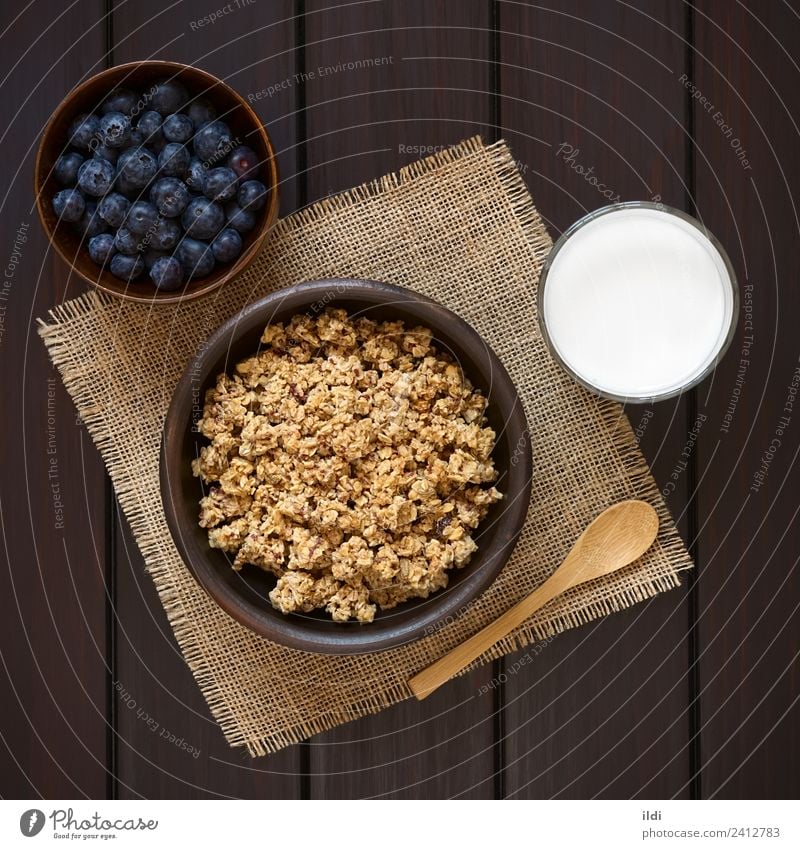Breakfast Cereal with Blueberries and Milk Fruit Sweet food oatmeal Rolled Berries Blueberry dry sweetened healthy Meal Dish Snack glass Rustic fiber drink