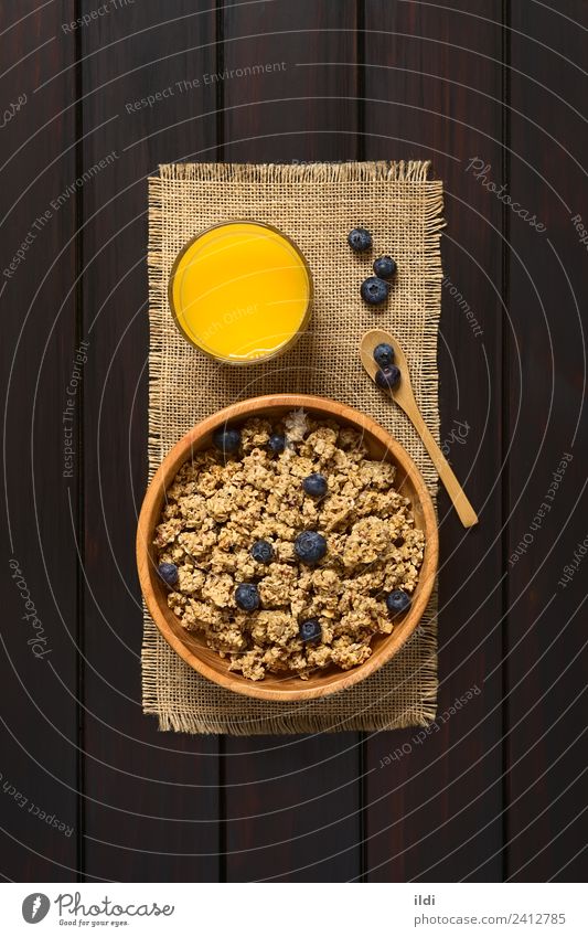 Breakfast Cereal with Blueberries Fruit Juice Sweet food oatmeal Rolled Berries Blueberry sweetened healthy Meal Dish Snack glass Rustic fiber Raw drink wood