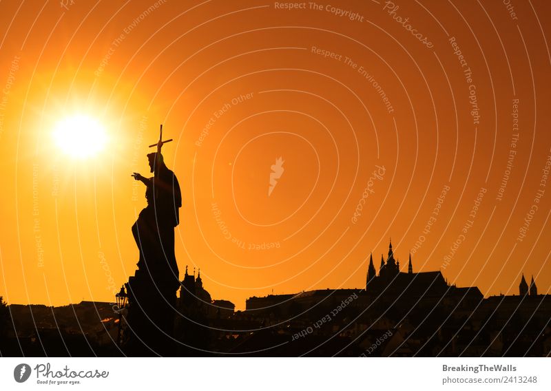 Sunset silhouettes of skyline at Charles Bridge in Prague Vacation & Travel Tourism Sightseeing City trip Town Old town Skyline Church Dome Places Building