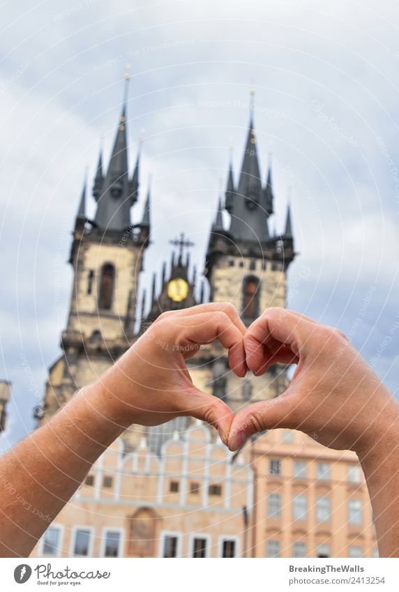 Man hands with heart shape symbol over Prague cityscape Vacation & Travel Tourism Adventure Sightseeing City trip Adults Hand Sky Town