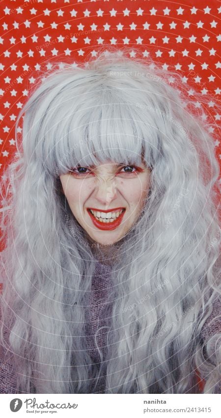 Young and crazy woman with gray hair Style Design Feasts & Celebrations Carnival Hallowe'en Human being Feminine Young woman Youth (Young adults) 1