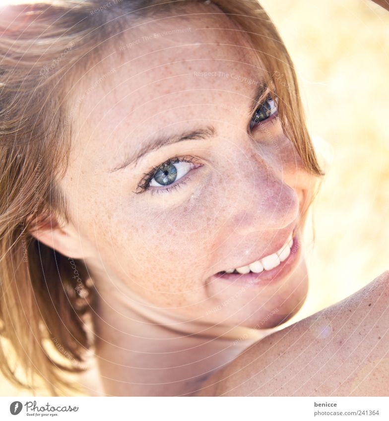 Golden Woman Laughter Smiling Summer Skin Looking into the camera Attractive Portrait photograph Close-up Cute Beautiful Sweet Beauty Photography Freckles