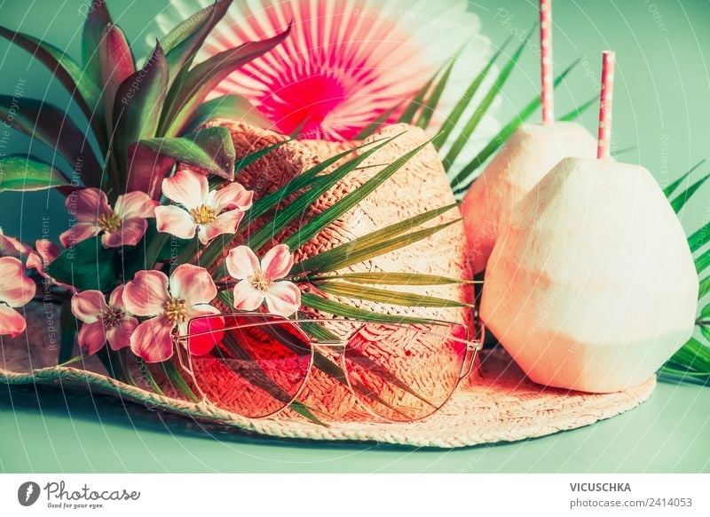 straw hat, coconut drinks, sunglasses and palm leaves Beverage Cold drink Style Vacation & Travel Tourism Summer Beach Accessory Sunglasses Hat Pink Design