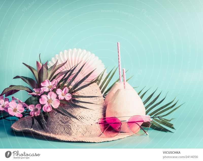 straw hat, coconut drinks, sunglasses and palm leaves Beverage Longdrink Cocktail Lifestyle Design Vacation & Travel Adventure Summer Beach Sunglasses Hat