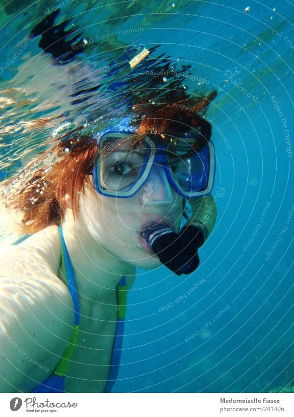 Clear view Snorkeling Summer vacation Ocean Feminine Young woman Youth (Young adults) 1 Human being 18 - 30 years Adults Water Bikini Swimming & Bathing Blue