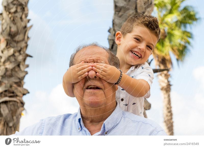Grandson covering his granfather's eyes at park Lifestyle Happy Relaxation Leisure and hobbies Playing Child Retirement Boy (child) Man Adults Grandfather