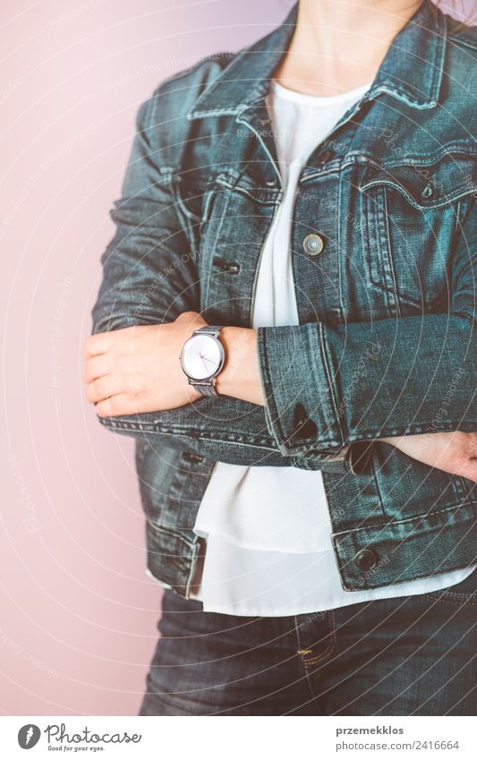 Woman wearing silver wristwatch and jeans jacket Lifestyle Elegant Style Clock Human being Young woman Youth (Young adults) Adults Body 18 - 30 years Fashion