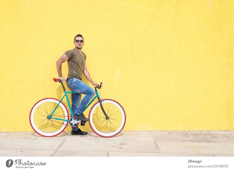 Man posing with his fixed gear bicycle wearing sunglasses Lifestyle Style Joy Happy Athletic Leisure and hobbies Vacation & Travel Summer Cycling Bicycle