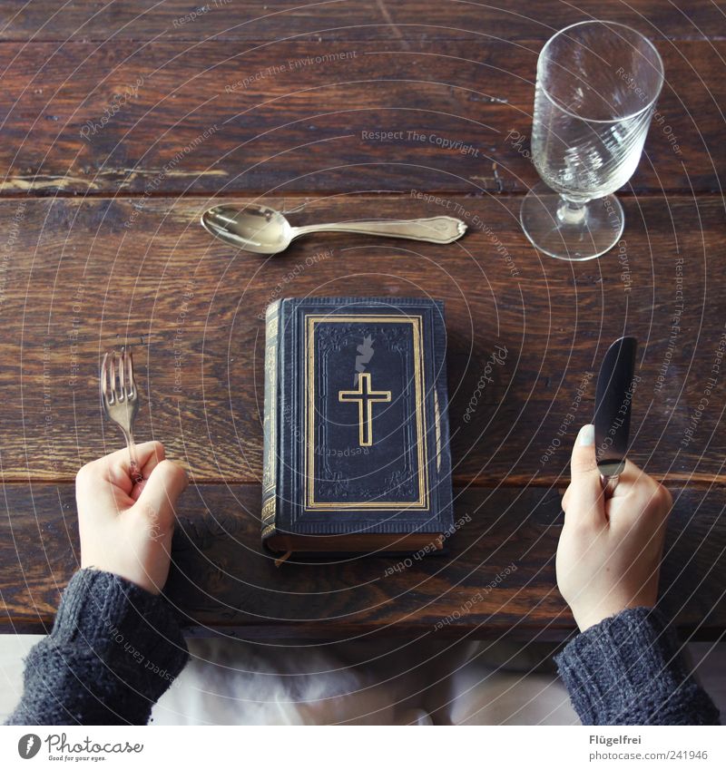 What does the Church set before us? 1 Human being Eating Belief Bible Crucifix praise of God Cutlery Wine glass Criticism Nutrition Fist Wooden table To enjoy