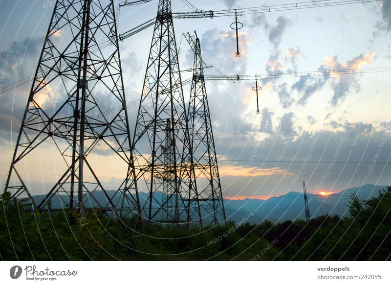 evening Energy industry Environment Nature Landscape Plant Sky Clouds Night sky Horizon Sunrise Sunset Summer Climate Beautiful weather Forest Mountain