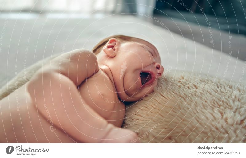 Baby yawning lying on a carpet Lifestyle Beautiful Calm Living room Child Human being Woman Adults Mouth Warmth Love Sleep Authentic Funny Naked Cute Fatigue