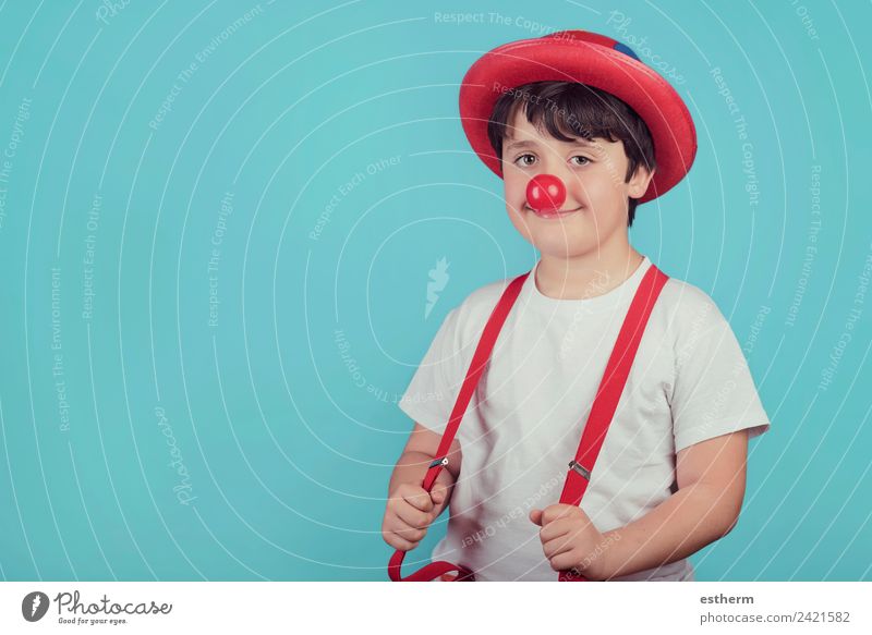 funny child with clown nose on blue background Lifestyle Joy Entertainment Party Event Feasts & Celebrations Carnival Fairs & Carnivals Birthday Human being