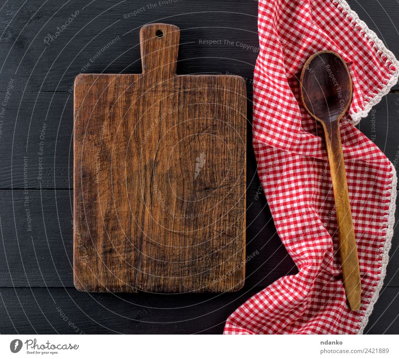 empty old wooden cutting board Spoon Design Kitchen Wood Old Natural Above Retro Brown Red White Napkin Plank utensil Towel Object photography food vintage