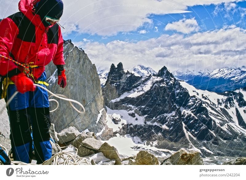 Mountain climber on the summit. Adventure Expedition Sports Climbing Mountaineering Success Rope Man Adults 1 Human being Peak Snowcapped peak