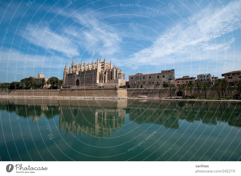 Postcard from Palma Air Water Sky Beautiful weather Church Tourist Attraction Old Esthetic Gigantic Blue Belief Religion and faith Symmetry Tourism Tradition