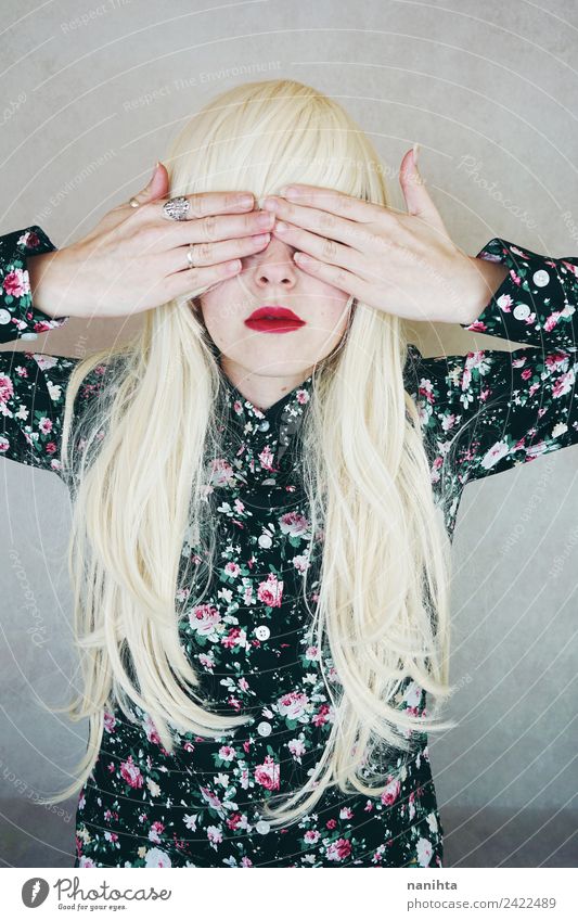 Young blonde woman covering her eyes with her hands Elegant Style Design Beautiful Hair and hairstyles Lipstick Human being Feminine Young woman