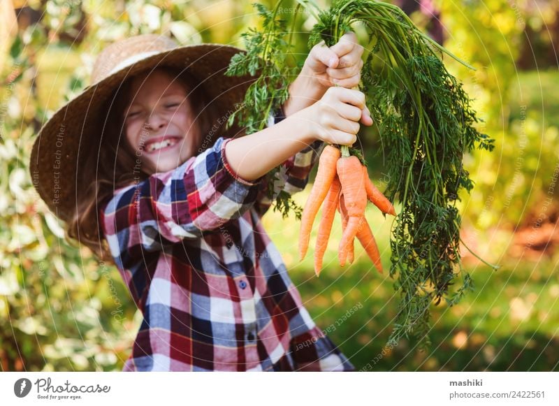 happy farmer child girl picking fresh home growth carrot Vegetable Lifestyle Joy Child Family & Relations Nature Landscape Autumn Growth Funny Natural Harvest