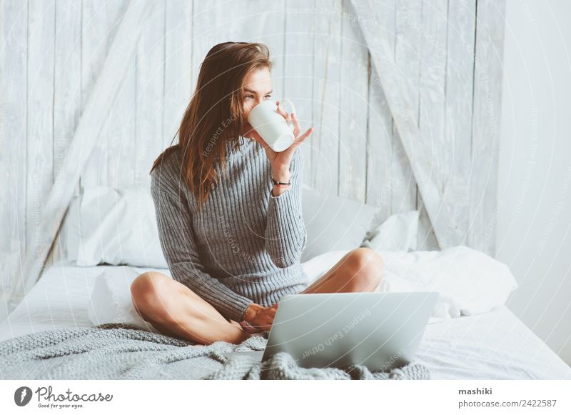 young blogger woman working at home with social media Coffee Lifestyle Shopping Relaxation Work and employment Profession Office work Business Telephone