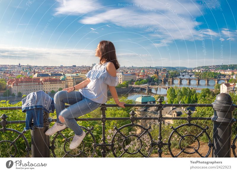 Woman on a fence and panorama of Prague City Lifestyle Beautiful Relaxation Vacation & Travel Summer Adults Art Old town Bridge Architecture Tourist Attraction