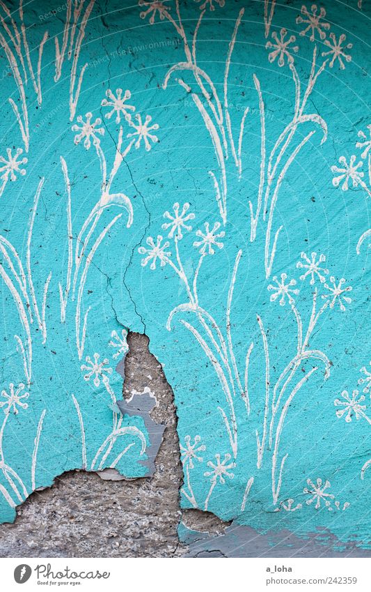 me like turquoise and flowers* Art Wall (barrier) Wall (building) Concrete Sign Ornament Kitsch Original Retro Trashy Gray Design Transience Change Turquoise