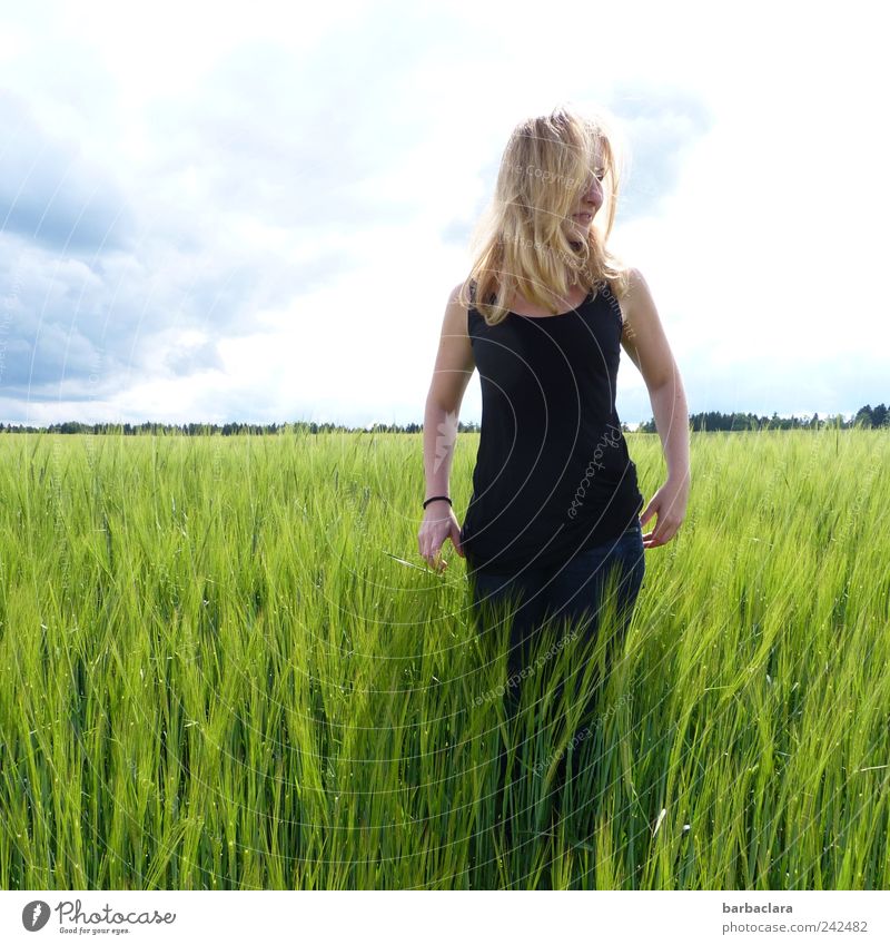 Close to nature Feminine Young woman Youth (Young adults) Woman Adults 1 Human being 18 - 30 years Summer Beautiful weather Grain field Field Blonde Long-haired