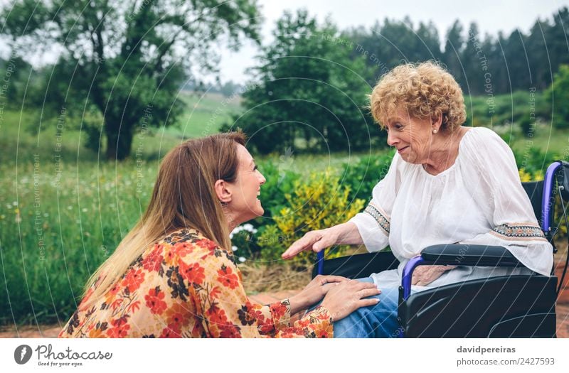 Young woman talking to elderly woman in wheelchair Lifestyle Health care Relaxation Garden To talk Human being Woman Adults Mother Grandmother