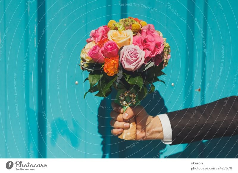 the groom is holding a bouquet of the bride on the textured wall Young man Youth (Young adults) Body Arm Fingers 1 Human being 18 - 30 years Adults Plant Flower
