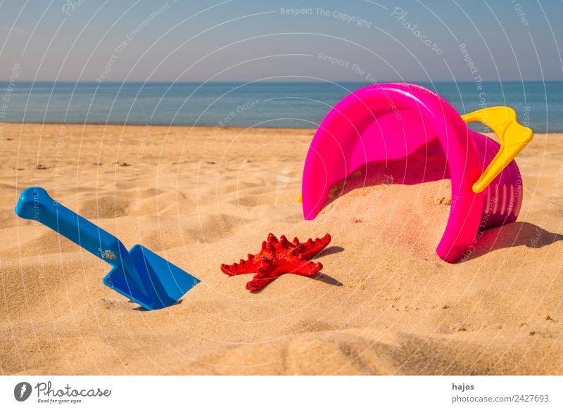 Sand bucket with shovel and starfish on the beach Joy Relaxation Leisure and hobbies Playing Vacation & Travel Summer Beach Child Hot Bright Blue Yellow Pink