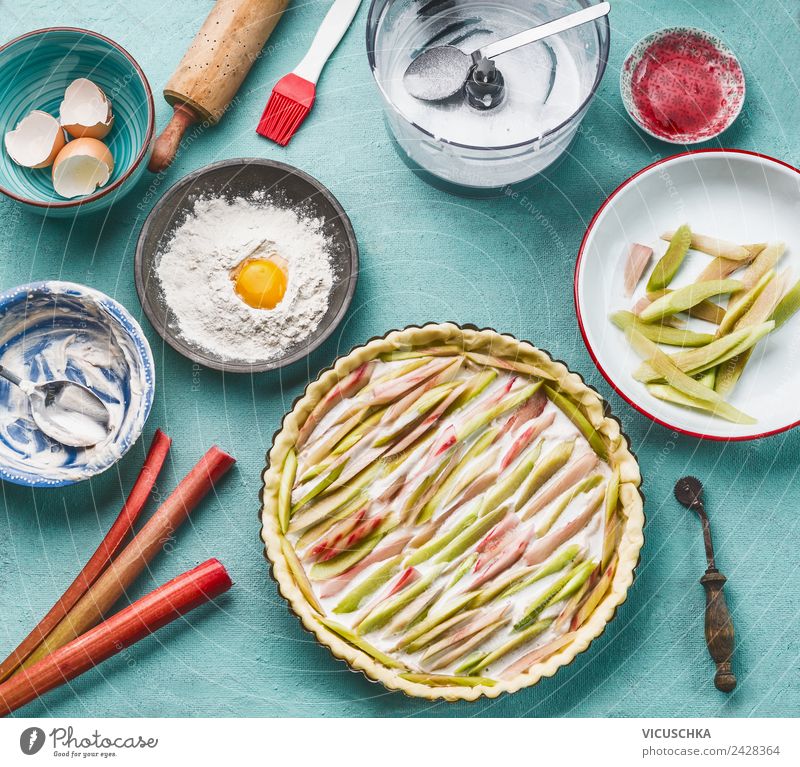 Rhubarb cake on the kitchen table Food Vegetable Fruit Cake Dessert Nutrition Organic produce Vegetarian diet Diet Crockery Style Design Healthy Healthy Eating