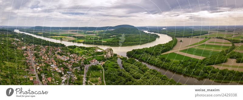 Panoramic aerial view of old fort. Ruins of Devin castle Vacation & Travel Tourism Summer Nature Landscape Earth Clouds Rock River Village Castle Aircraft Stone
