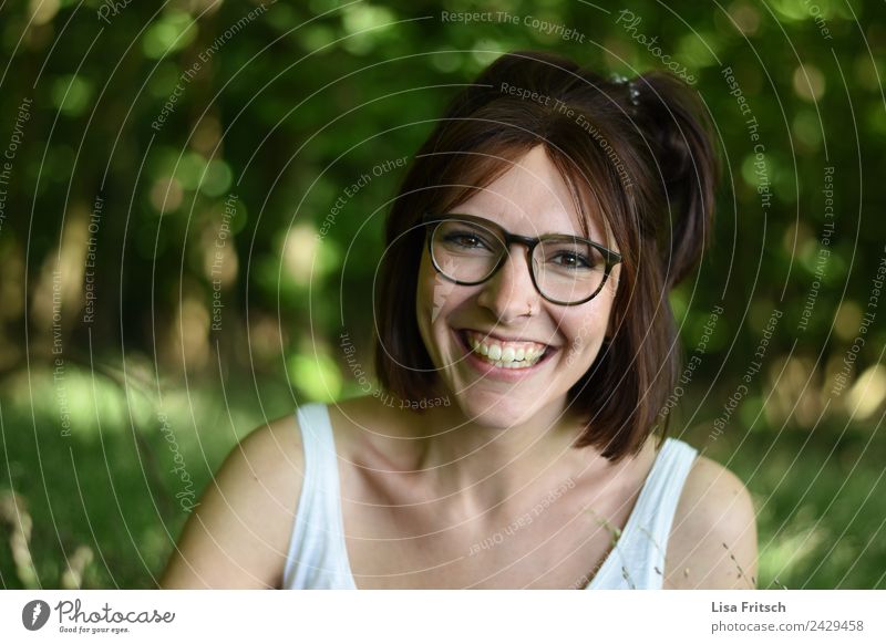 laughing, pretty, young woman Feminine Young woman Youth (Young adults) 1 Human being 18 - 30 years Adults Environment Nature Forest Piercing Eyeglasses