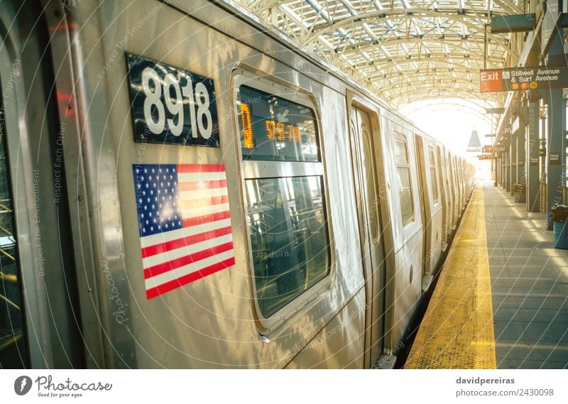 Train stopped in New York City subway station Vacation & Travel Tourism Beach Island Downtown Transport Railroad Underground Line Flag Old Speed Station urban