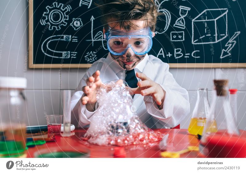 Happy kid making experiments with soap foam Face Playing Flat (apartment) Table Science & Research Child School Classroom Blackboard Laboratory Human being