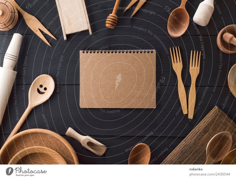 wooden kitchen items Crockery Plate Cutlery Fork Spoon Table Kitchen Paper Wood Above Retro Brown Black White Tradition sheet notebook Blank utensil Household