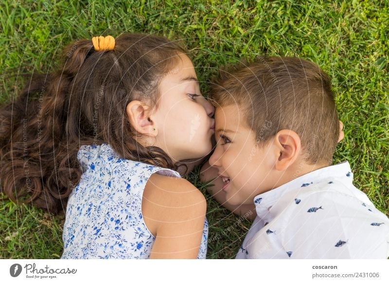 Two little friends kissing each other Joy Happy Playing Summer Sun Child Boy (child) Family & Relations Couple Nature Landscape Grass Park Kissing Smiling