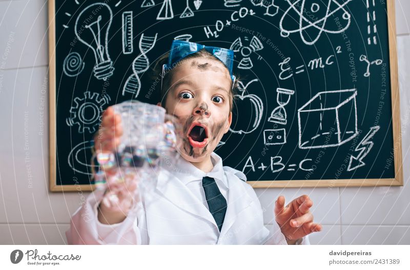 Happy little boy holding glass with soap foam Face Playing Flat (apartment) Table Science & Research Child School Classroom Blackboard Laboratory Human being