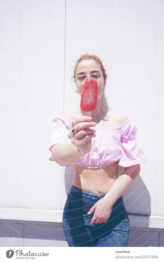 Young and blonde woman holding a strawberry ice cream Food Ice cream Nutrition Eating Lifestyle Style Design Healthy Eating Wellness Summer Summer vacation