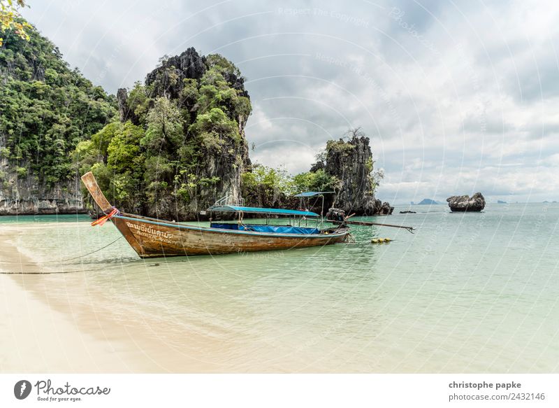 Longtail at the beach Vacation & Travel Trip Far-off places Summer Summer vacation Landscape Clouds Waves Coast Beach Bay Ocean Thailand Navigation Fishing boat