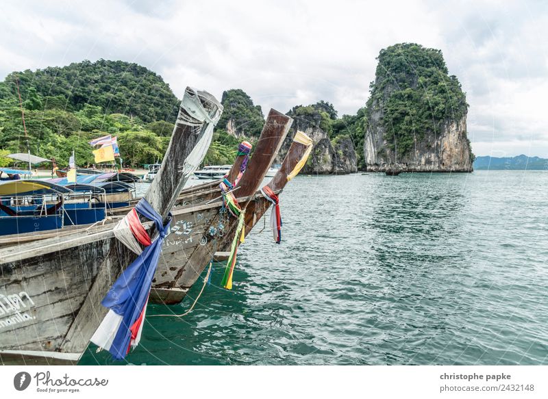 Wooden boats off island Landscape Summer Virgin forest Coast Bay Ocean Island Thailand Asia Navigation Motorboat Lie Exotic Vacation & Travel Longtail