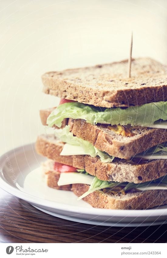 club sandwich Cheese Lettuce Salad Grain Bread Nutrition Lunch Picnic Vegetarian diet Finger food Plate Delicious Large Sandwich Toast Self-made Colour photo