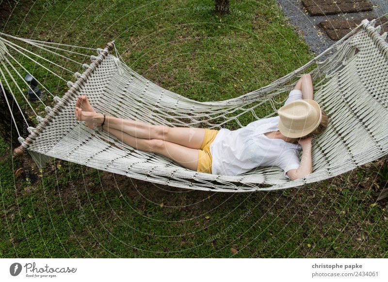 too hot Harmonious Well-being Contentment Senses Relaxation Calm Tourism Summer vacation Young woman Youth (Young adults) 1 Human being Lie Sleep Hammock Hat