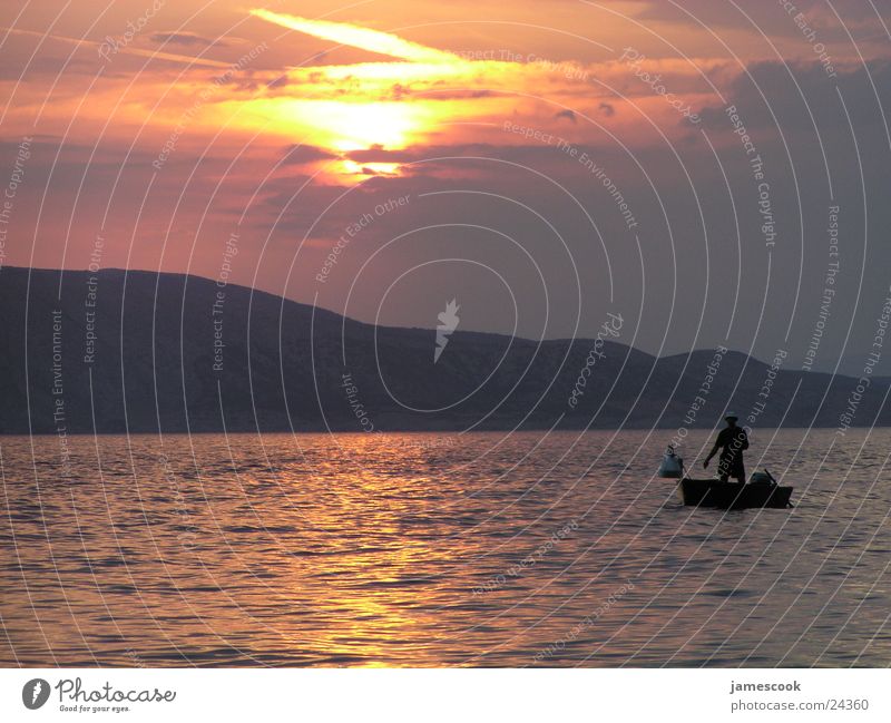 Sunset Ocean Fisherman Moody Evening
