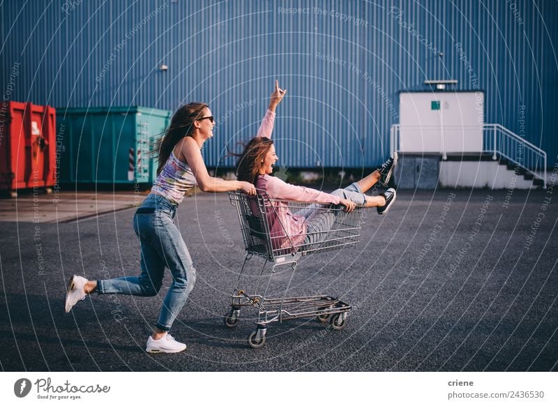 Young adult hipster friends having fun with shopping trolley Food Lifestyle Style Joy Happy Beautiful Summer Human being Woman Adults Friendship Warmth Fashion