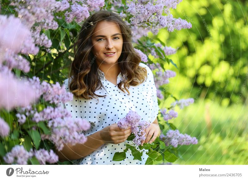 Under the flowering limbs Blossoming Lilac Portrait photograph Youth (Young adults) Young woman Girl Attractive Flower Lady Woman Garden Face Green
