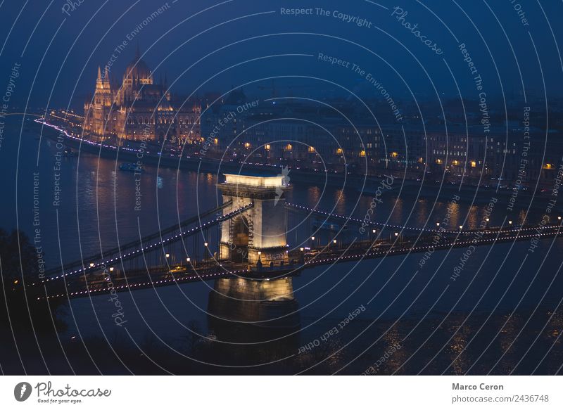 night scenary of Danube river flowing through Budapest Joy Leisure and hobbies Vacation & Travel Tourism River Town Skyline Bridge Building Architecture