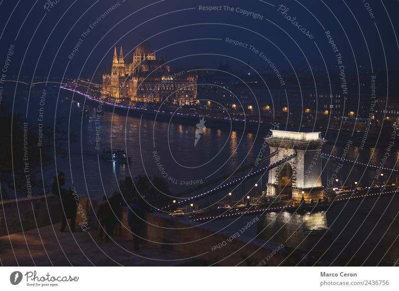 Tourist at night in Danube river in Budapest Vacation & Travel Tourism Architecture Landscape River Town Capital city Skyline Bridge Building Tourist Attraction